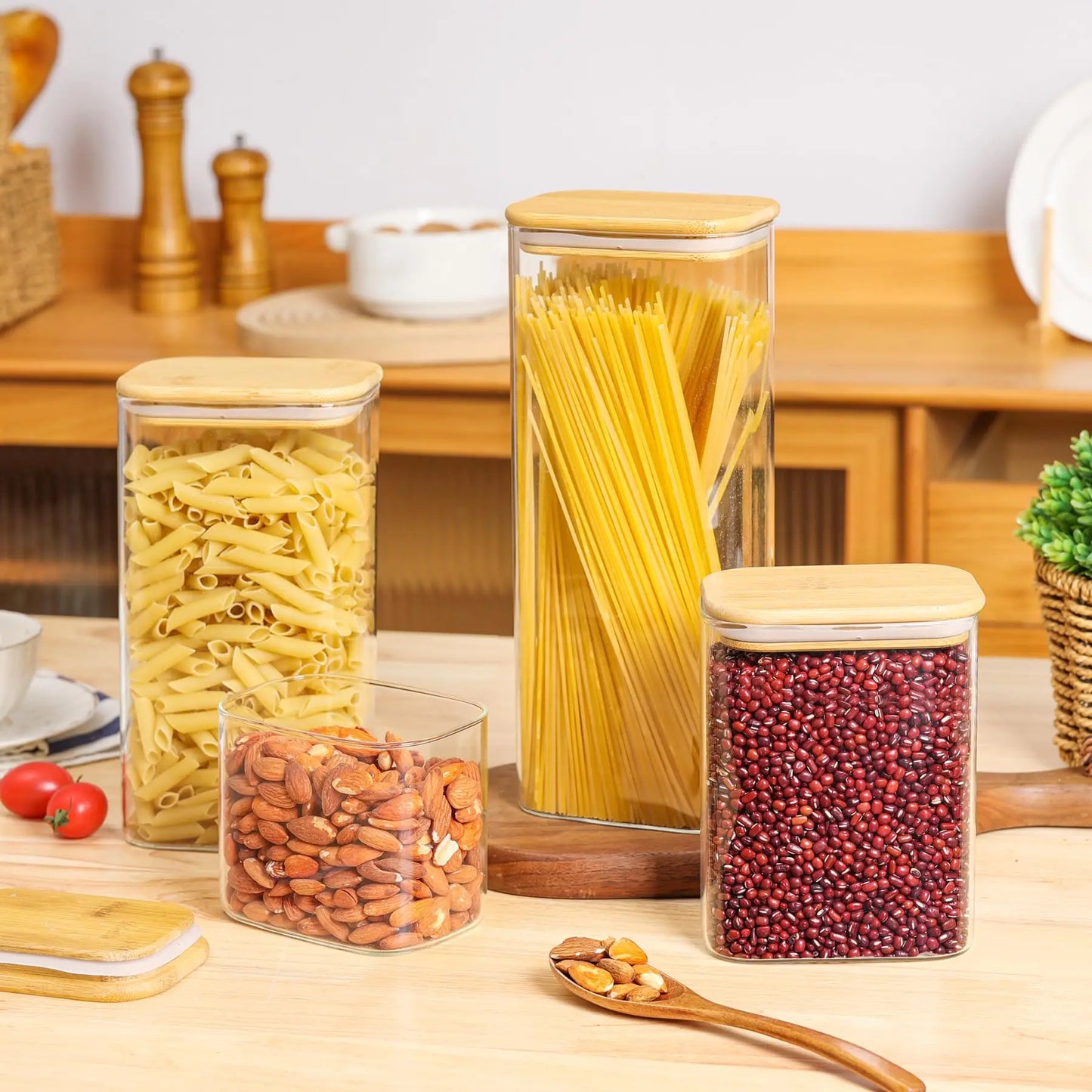 Rectangle Clear Storage Jars with Bamboo Lids For Sugar Coffee  Pantry Organizer Container for Pasta Tea Candy Nuts