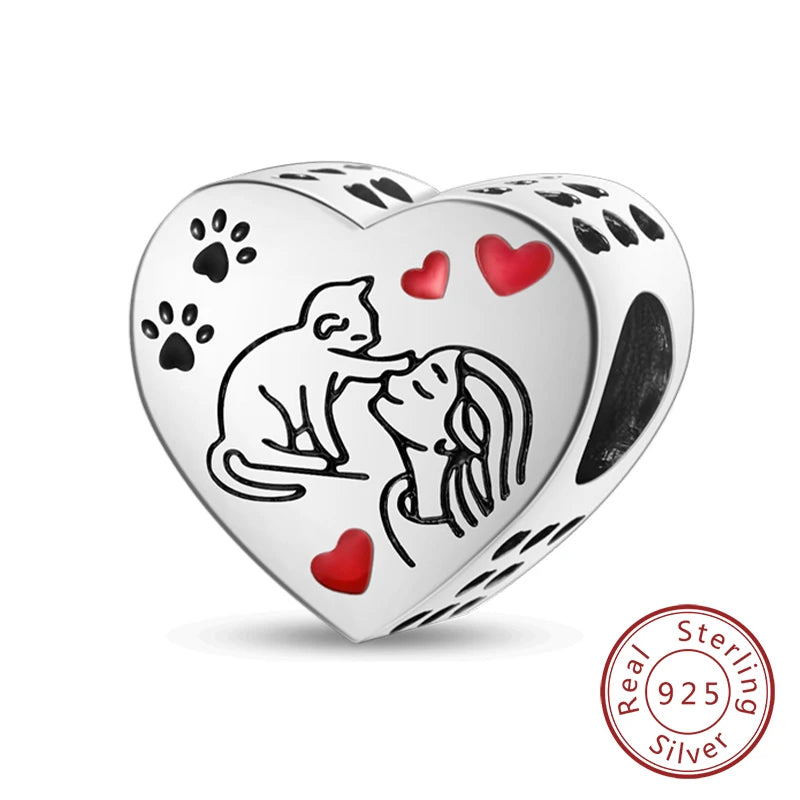 925 Sterling Silver Heart Shape Charm Beads Mother Daughter Family Pet Paw Beads Fit Bracelets Mother's Day Jewelry Gift