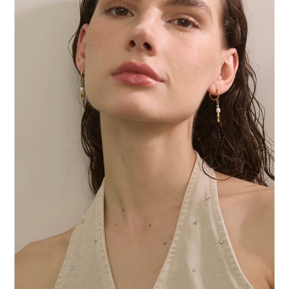 Yhpup High Quality Natural Stone Pearl Fish Dangle Earrings 16K PVD Plated Stainless Steel Ocean Style Charm Jewelry Waterproof