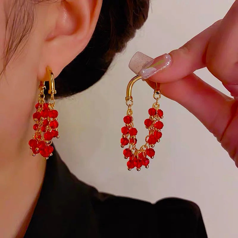 New Green Red Crystal Beaded Pendant Tassel Earrings for Women Exquisite Light Luxury Unique Design Personalized Girls Jewelry