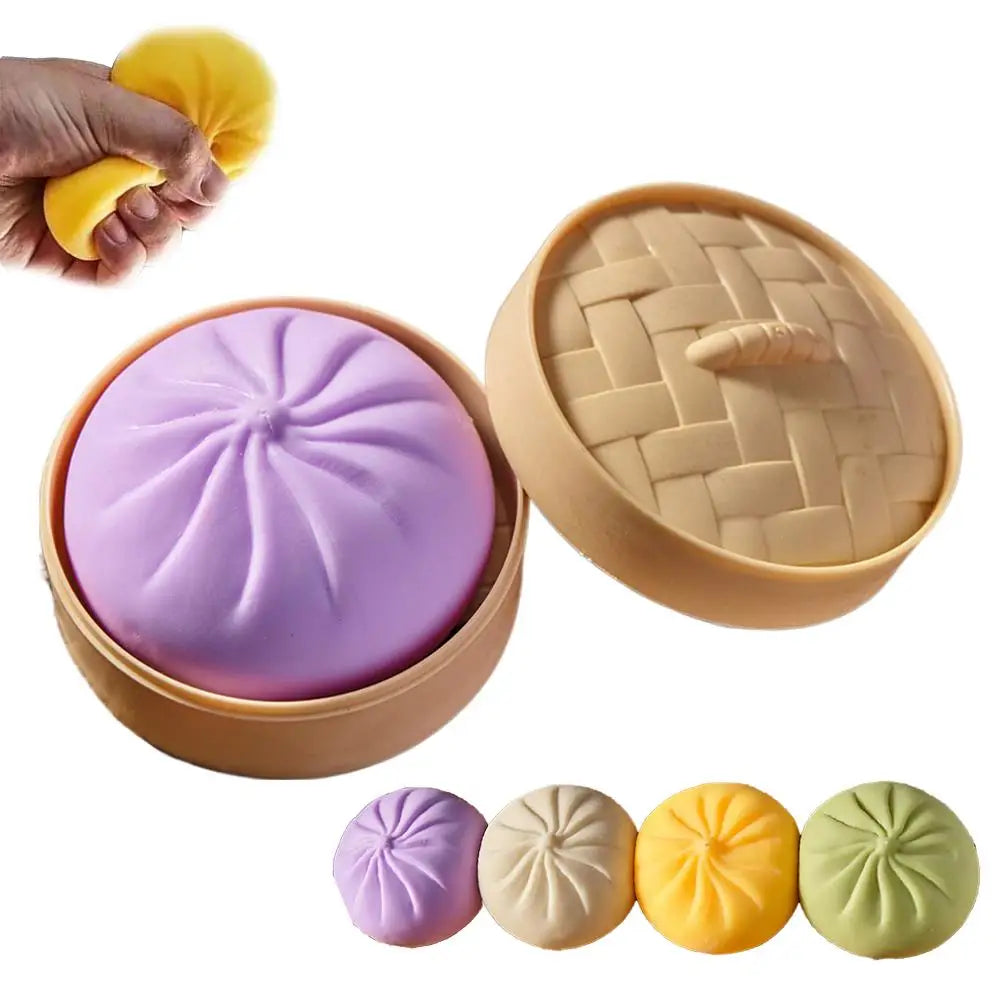 Colorful Dumpling Squishes Stress Balls Fidget Sensory Toys Simulation Food Squishies Bun with Steamer Squeeze Dough Ball Gifts