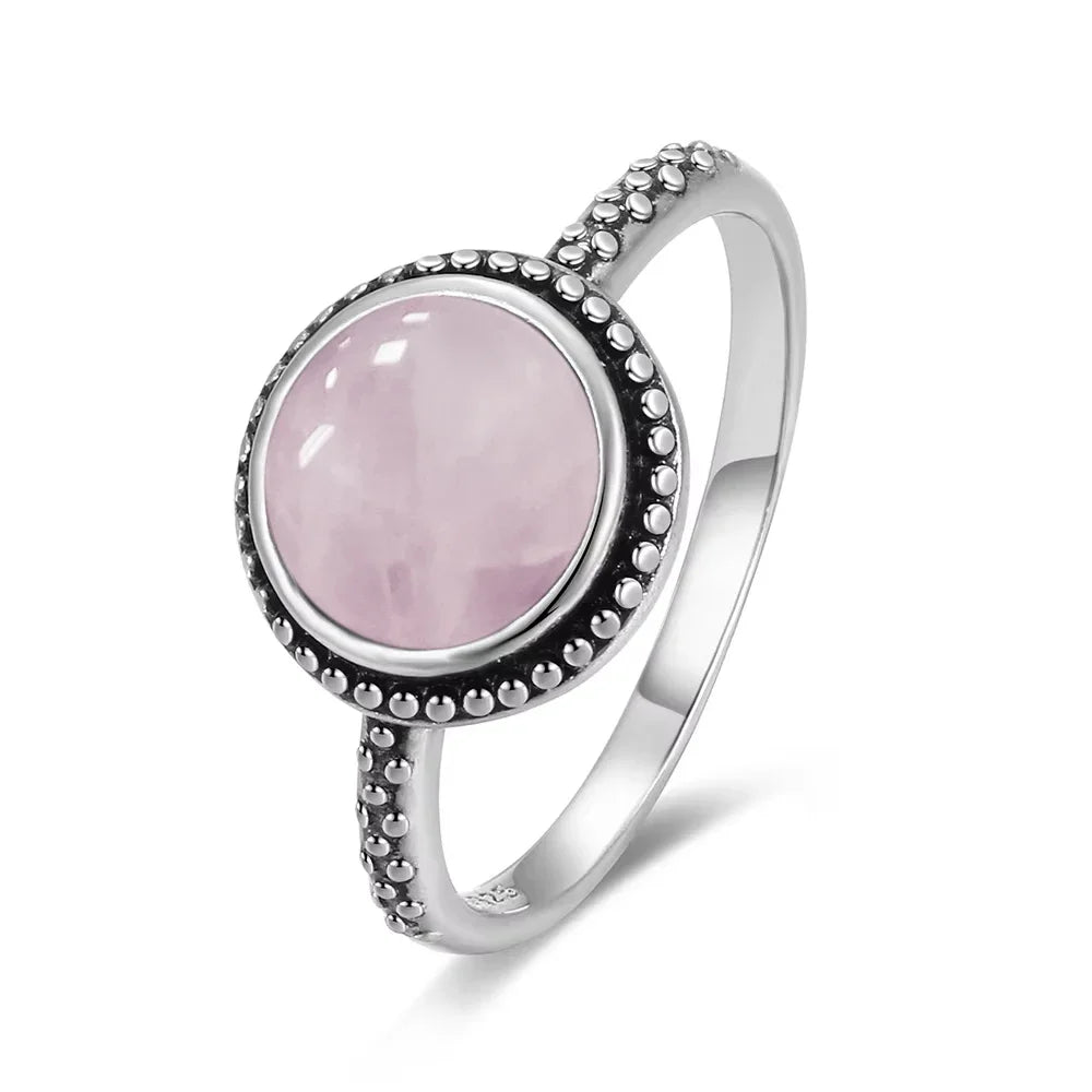 S925 Sterling SilverRing for Women Oval Round Natural Rose Quartz Ring Gift Sun Shaped Retro Luxury Fashion Fine Jewelry