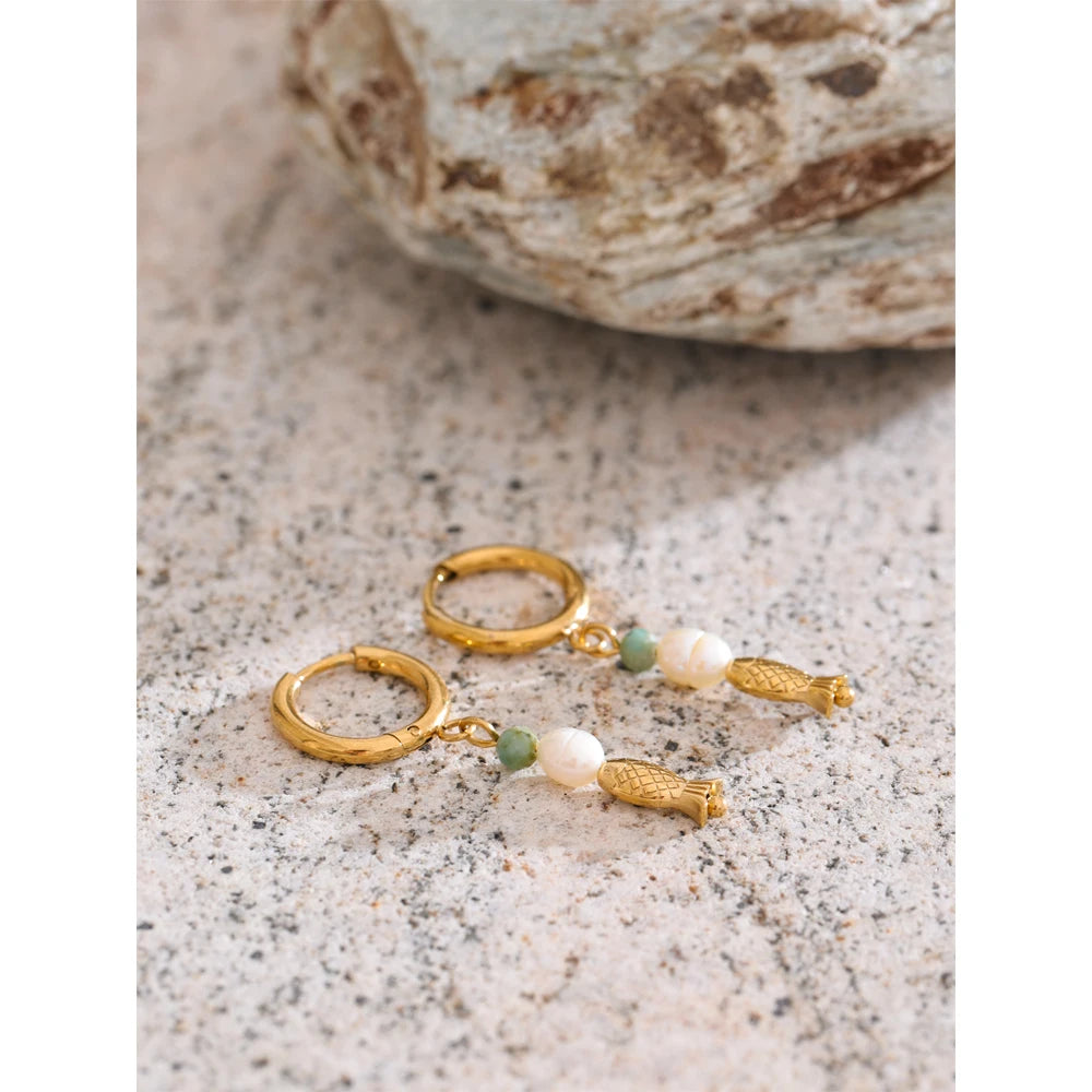 Yhpup High Quality Natural Stone Pearl Fish Dangle Earrings 16K PVD Plated Stainless Steel Ocean Style Charm Jewelry Waterproof