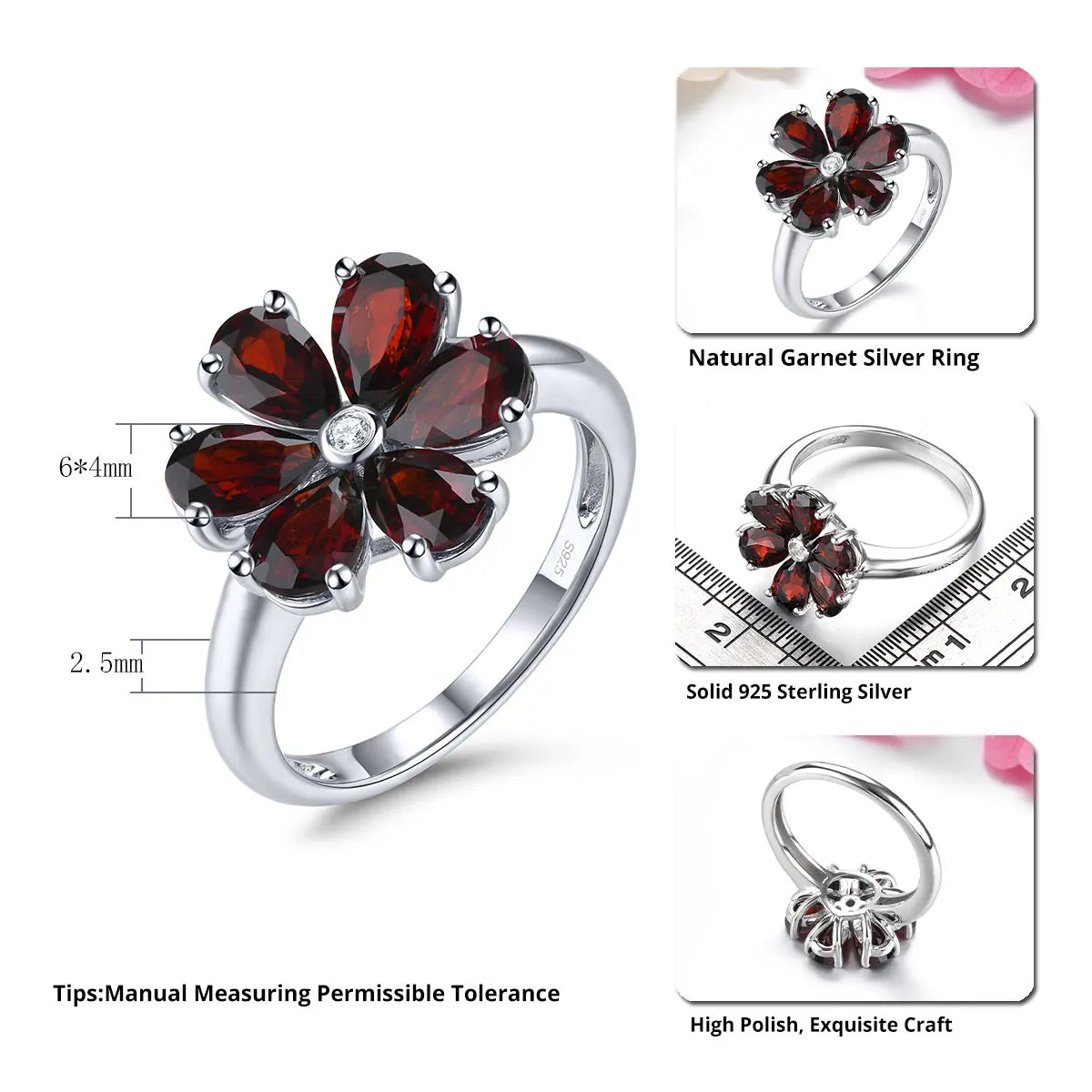 Natural Red Garnet Solid Sterling Silver Rings 2.8 Carats Genuine Gemstone Romantic Flower Design S925 Fine Jewelrys Gifts