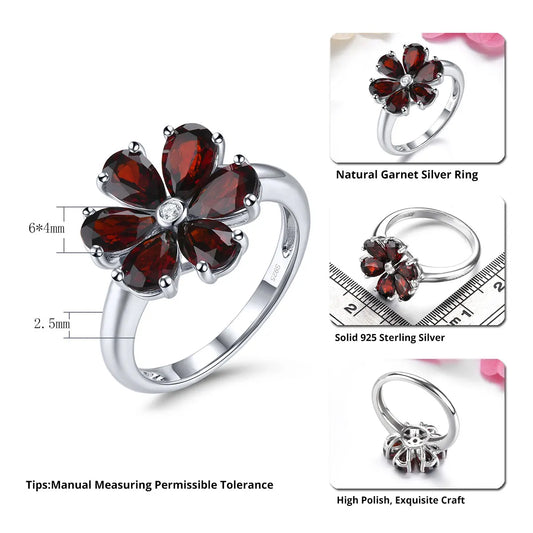 Natural Red Garnet Solid Sterling Silver Rings 2.8 Carats Genuine Gemstone Romantic Flower Design S925 Fine Jewelrys Gifts