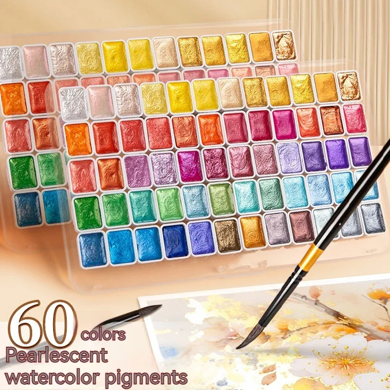12/20/24/60 Color Solid Watercolor Paint Set Metallic Glitter Pearlescent Watercolor Pigments for Drawing Art Paint Supplies