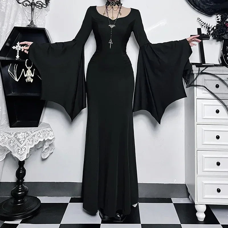 Halloween Costume Women Batwing Sleeve Floor Dress Black Gothic Evil Terror Maxi Mistress Morticia Addam Family Outfit For Adult