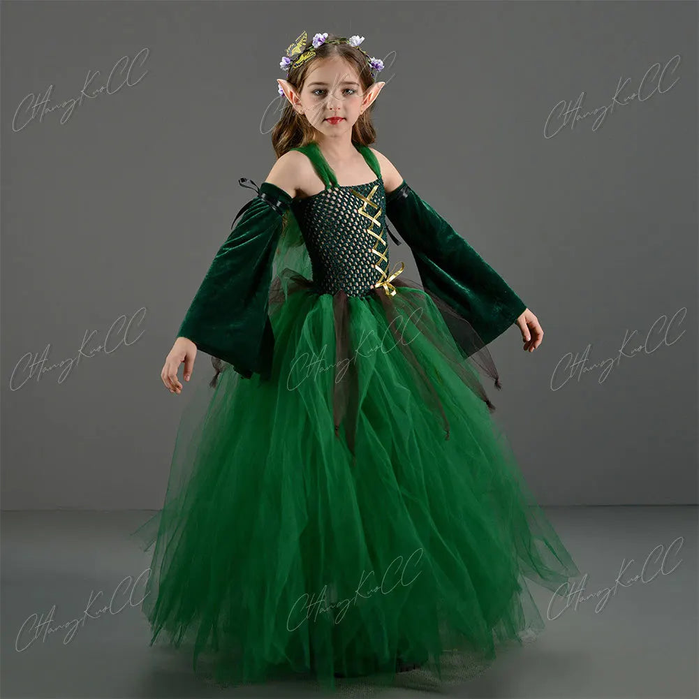 Kids Children Forest Elf Cosplay Princess Green Dress Costume Girls Stage Performance Ears Clothing Outfits Halloween Party Suit