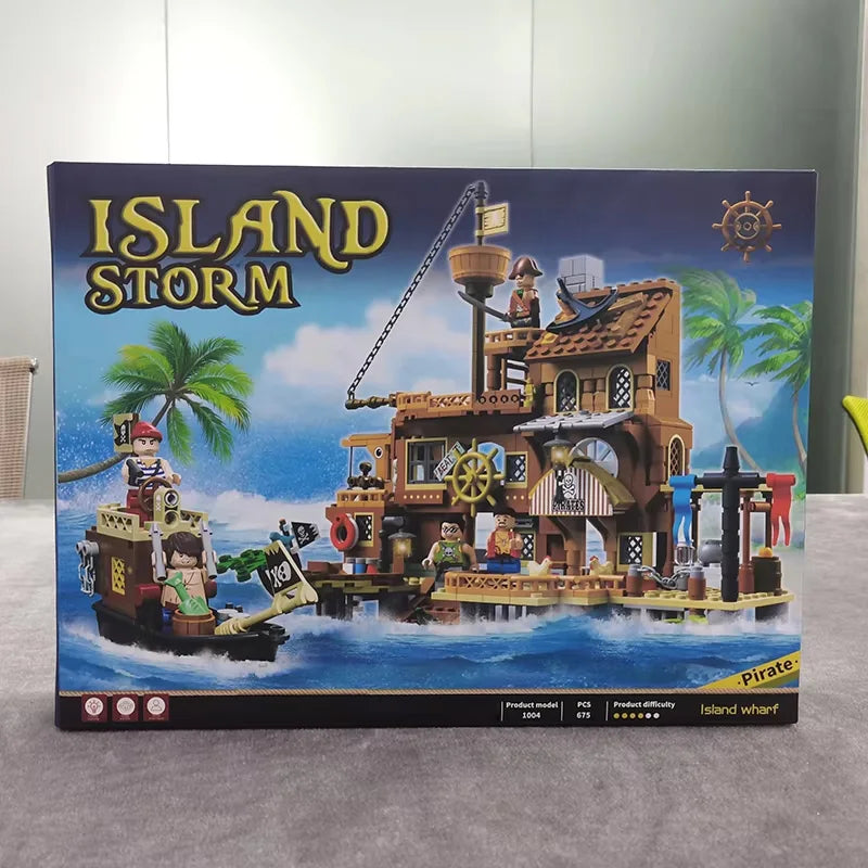 Creative Medieval Pirate Island Fortress Castle Building Blocks Adventure Ship Log Cabin Model Boat Assemble Bricks Toys Gifts