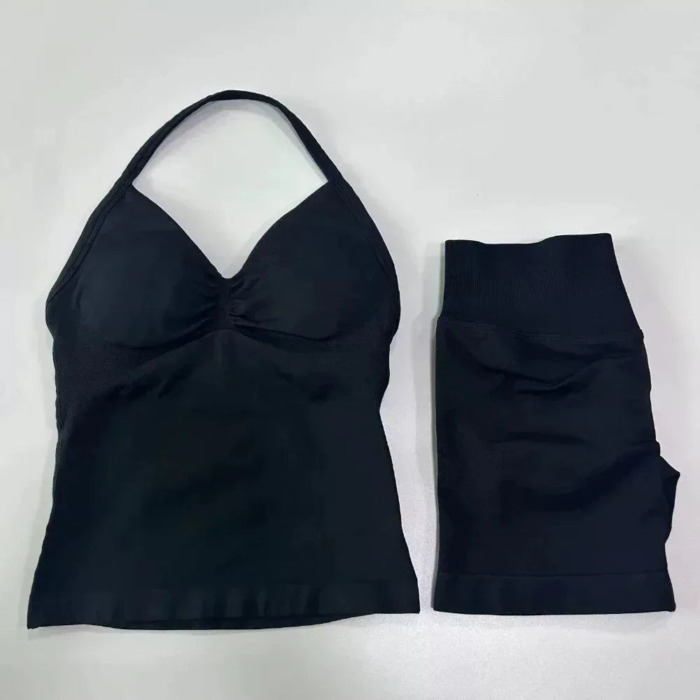 Sexy Halter Neck Beautiful Back High Waist Peach Sports Bras Shorts Suit Pilates Gathering Yoga Vest Training Fitness Bra Sets