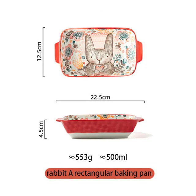 YWDL Ceramic Bakeware With Handle Forest Animals Baking Pan  Underglaze  Kitchen Tableware Salad Bowl Au Gratin Dishes