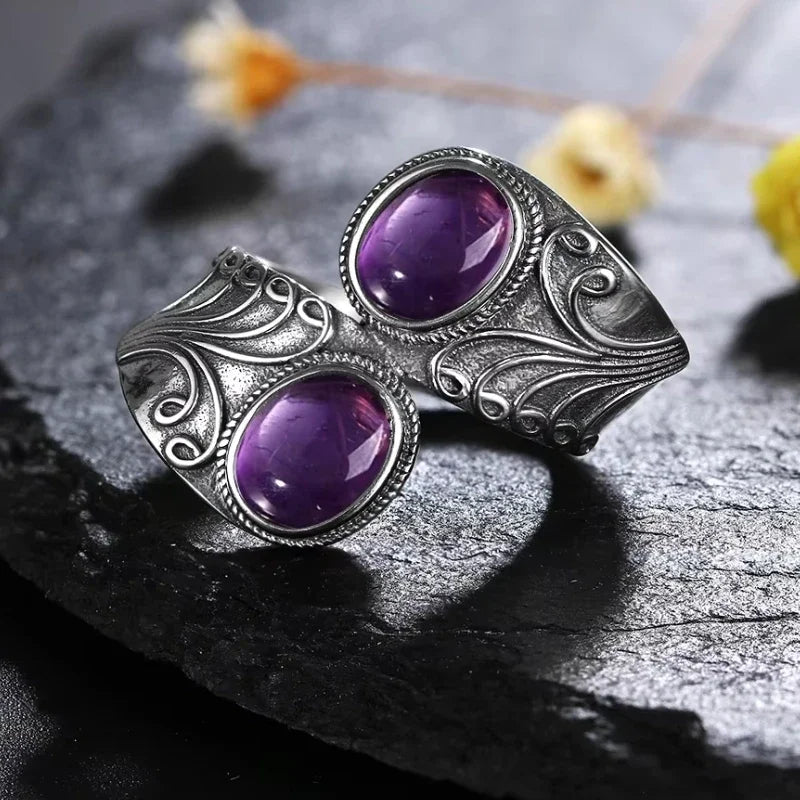 S925 Sterling Silver Vintage Ring With Natural Amethyst Two Stone Ring Waterdrop Shape Fine Jewelry Gifts for Women
