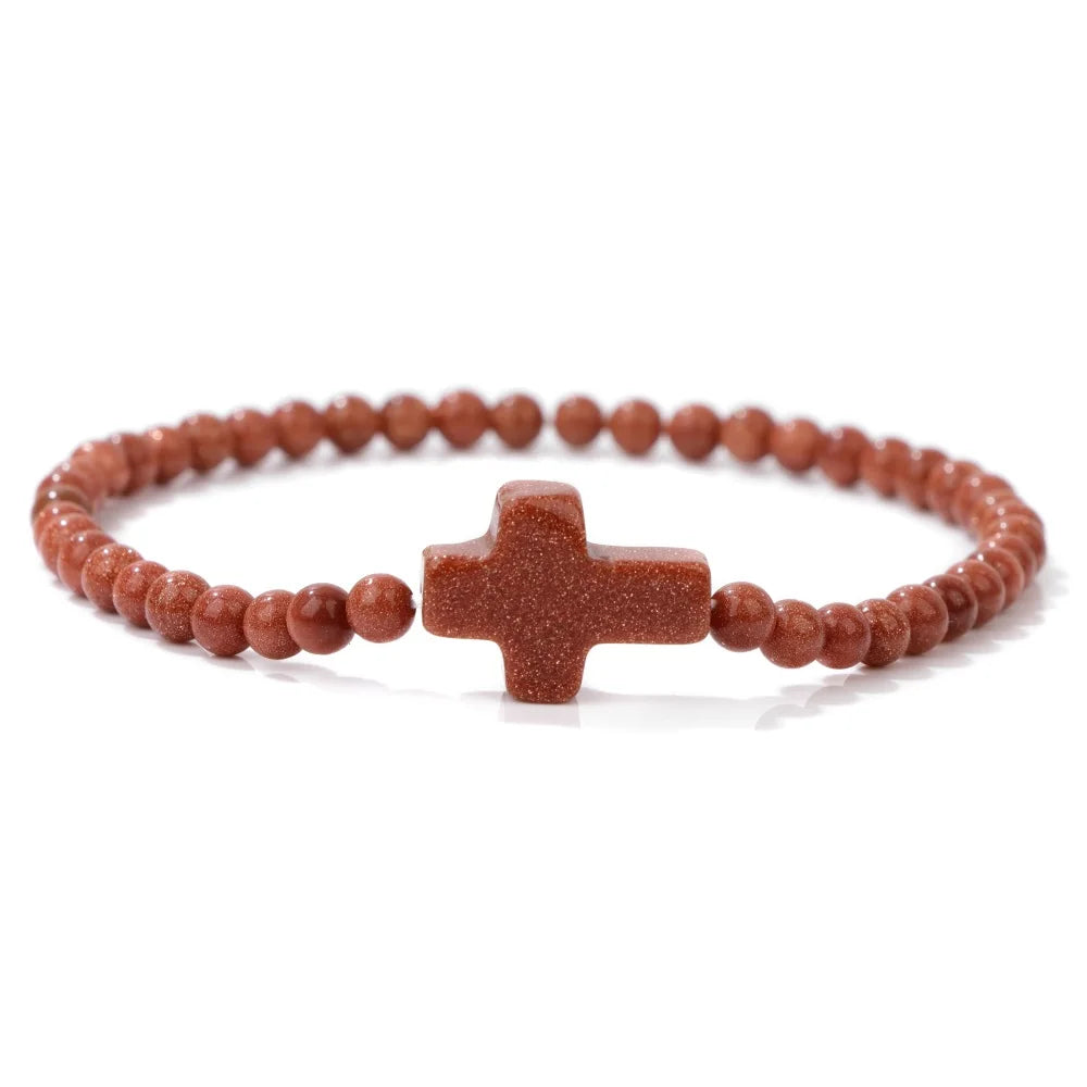 Trendy 4mm Beads Bracelet Stone Cross Charms Bracelet For Women Natural Gems Crystal Bangles Handmade Jewelry Men Yoga Prayer