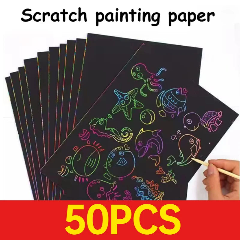 50 pcs Scratch Paper Kids Rainbow Magic Scratch Off Paper Sheets Art Craft Kit Black Note Paper Drawing Pads with Stencils
