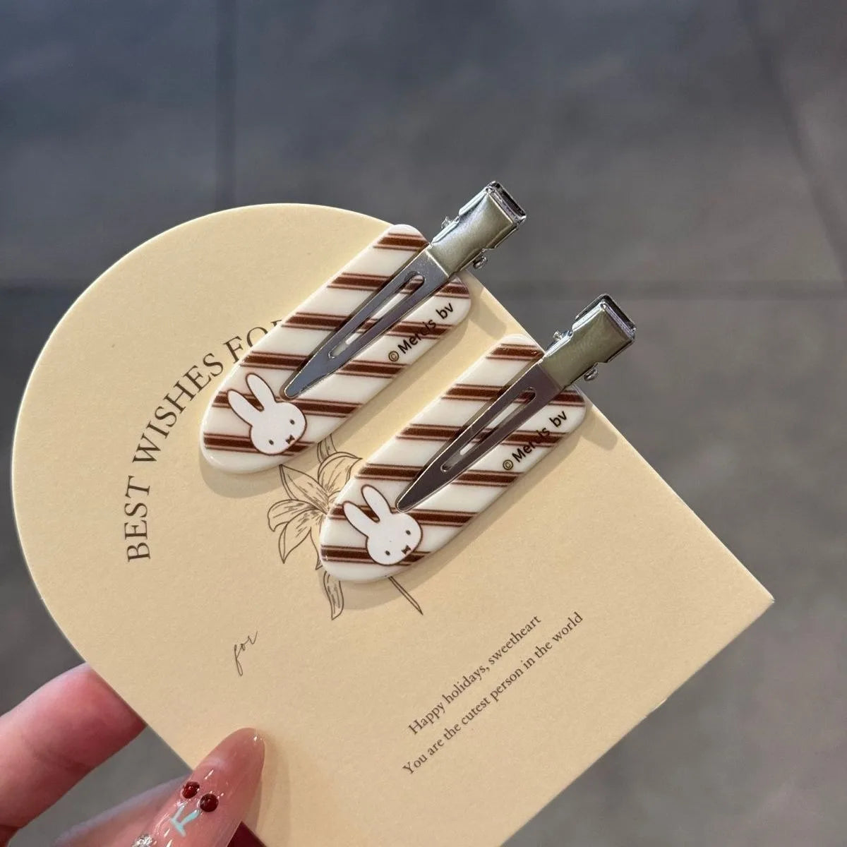 Kawaii Miffy Rabbit Hair Clip Coffee-colored Checkered Miffy Rabbit Traceless Clip Sweet and Retro Girl Cartoon Bangs Clip