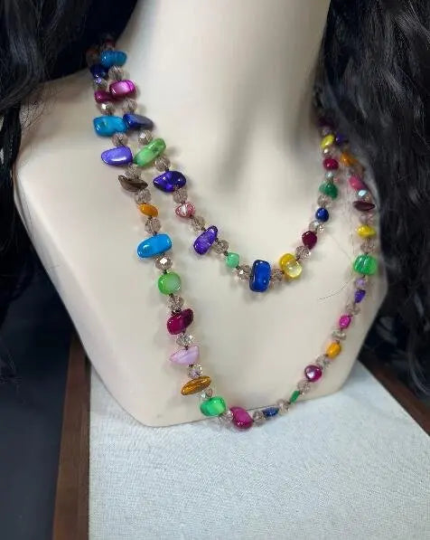 Bohemian Vintage Irregular Natural Stone Necklace for Women Handmade Crystal Beads Double Layer Long Sweater Chain Jewelry Gift