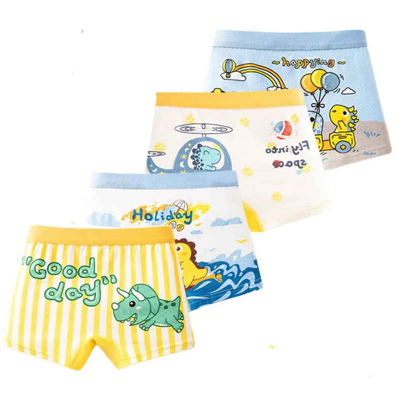 4-Pack Boy Boxer Brief High Quality Cotton Breathable Children Boxers Dinosaur Plaid Car Patterns Kids Underwear Age 3-14Years