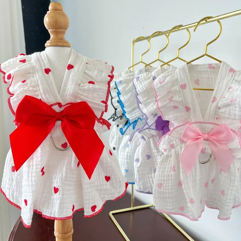 Dog Cooling Dress Summer Thin Bow Heart Print Dog Clothes Pet Skirt Kitten Puppy Costume Chihuahua Bichon Yorkie Girls Dog Vest