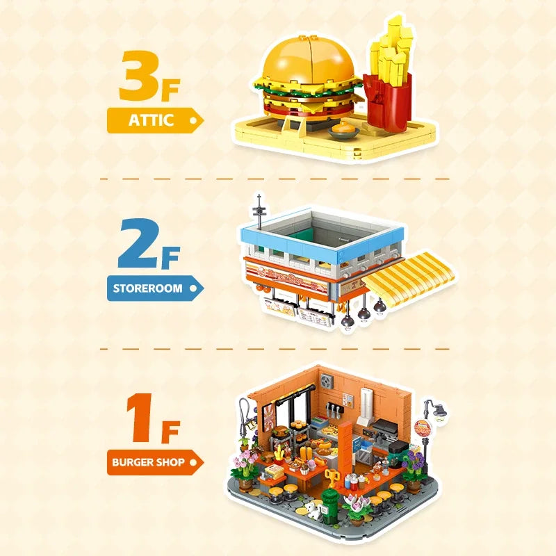 LED Illuminated 3-Tier Burger Blocks Set | STEM Building Toys for Kids | Interactive Fast Food Restaurant Playset with Fries