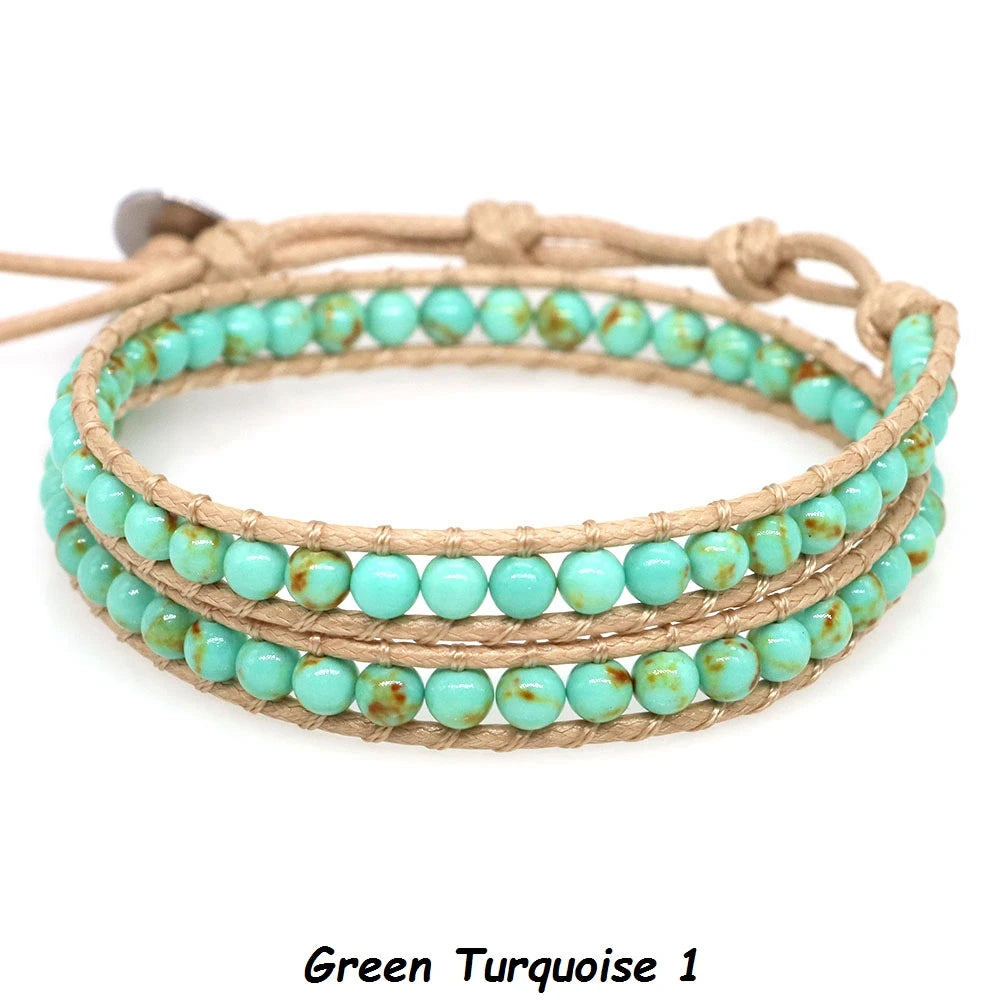 Natural Stone Bohemian Wrap Bead Bracelet Lapis Lazuli 2 Strands Multilayer Leather Rope Woven Bangle For Women Men Jewelry Gift