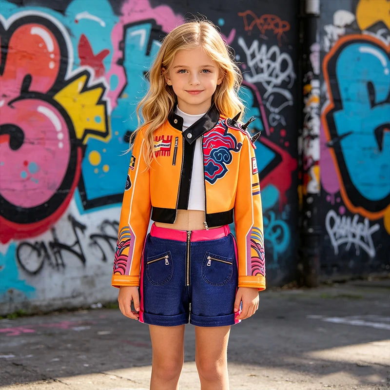 Kids Girls Street‑Style Fancy Cosplay Kit 3D Printed Cropped Jacket Shorts for Halloween Birthday Theme Party Role‑Play Outfit