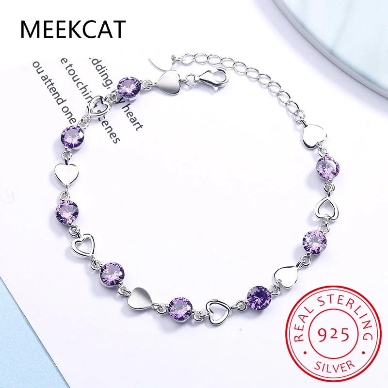 Round Natural Amethyst 925 Sterling Silver Romantic Heart Bracelet for Women Purple Gemstone Statement Jewelry Pulseira De Prata
