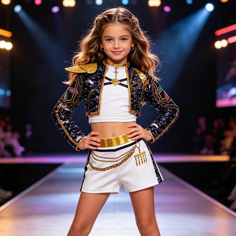 Girls Black & Gold Printed Jacket & Shorts Set – Stage & Party Costume, Heights 110–160 cm