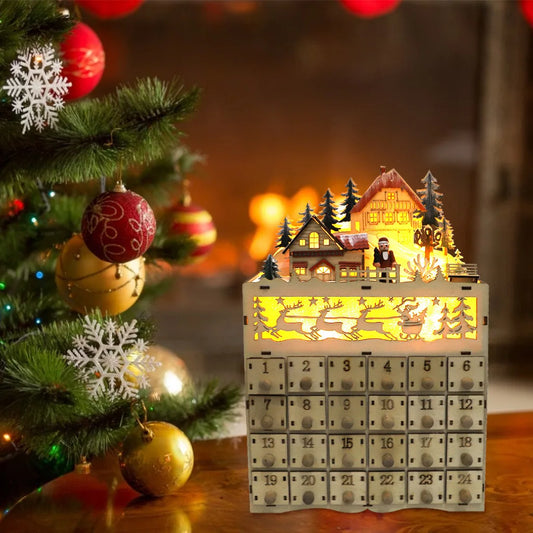 Wooden LED Village House Advent Calendar – Lighted Countdown with Drawers