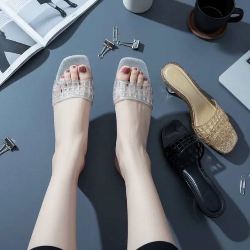 women's new sandals pair of flip flops wearing square headed fashionable wine glasses and crystal jelly slippers