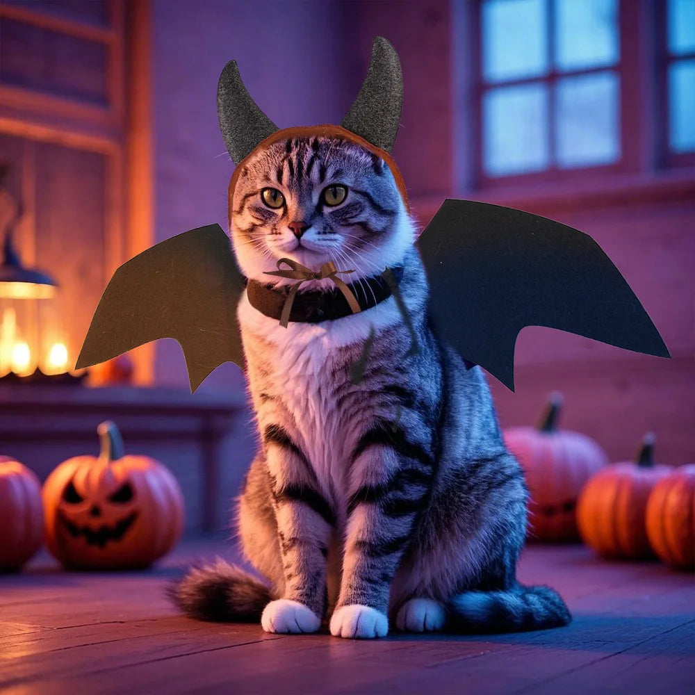 Pet Cat Horn Wings Two-piece Set Clothing Pet Transformation Outfit Horn Bat Funny Costume Cat Demon Halloween Funny Pet Clothes