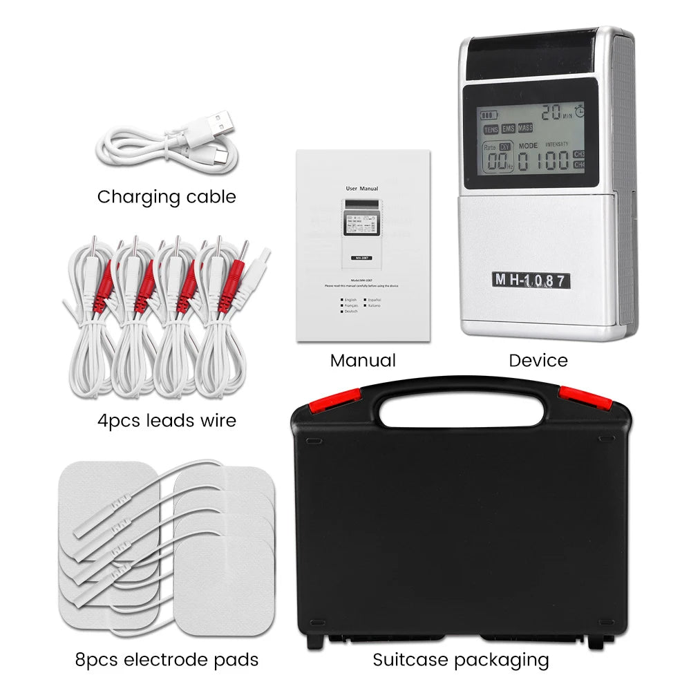 Digital TENS Unit Machine 4-Channel Tens Electrostimulator Rechargeable Body Muscle Stimulator with 20 Intensity for Pain Relief