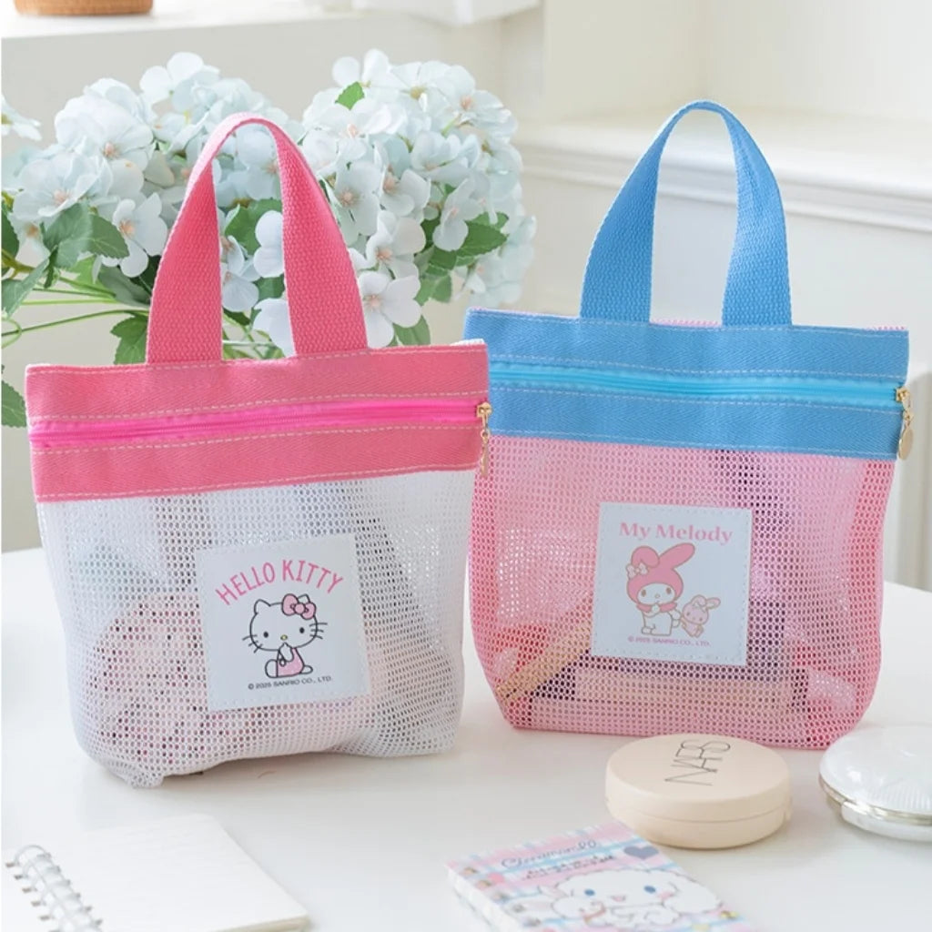 Sanrio Hello Kitty Mesh Bag Portable Tote Bag with Zipper Cute Cartoon Handbag for Women Kids Daily Use
