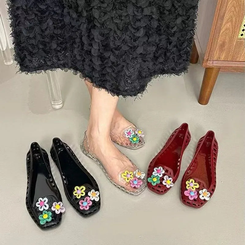 Transparent Crystal Jelly Sandals Hollow Slippers Korean Design Shoes Women's Sauare Toe Shallow Slip Ballet Square-toed Shoes