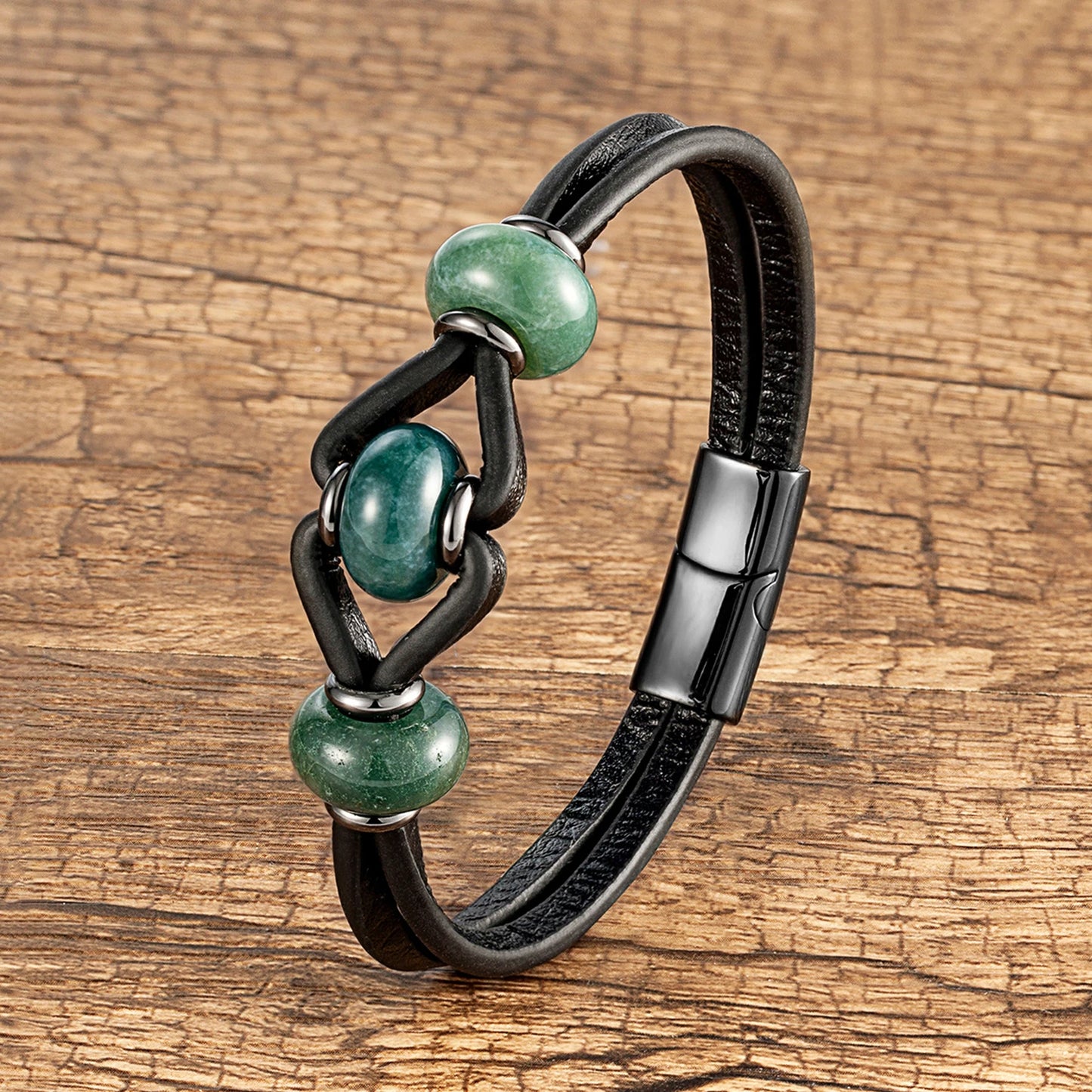 Round Natural Amethyst Crystal Stone Bracelet Women Charm Black Double Leather Rope Chain Stainless Steel Magnetic Men's Jewelry