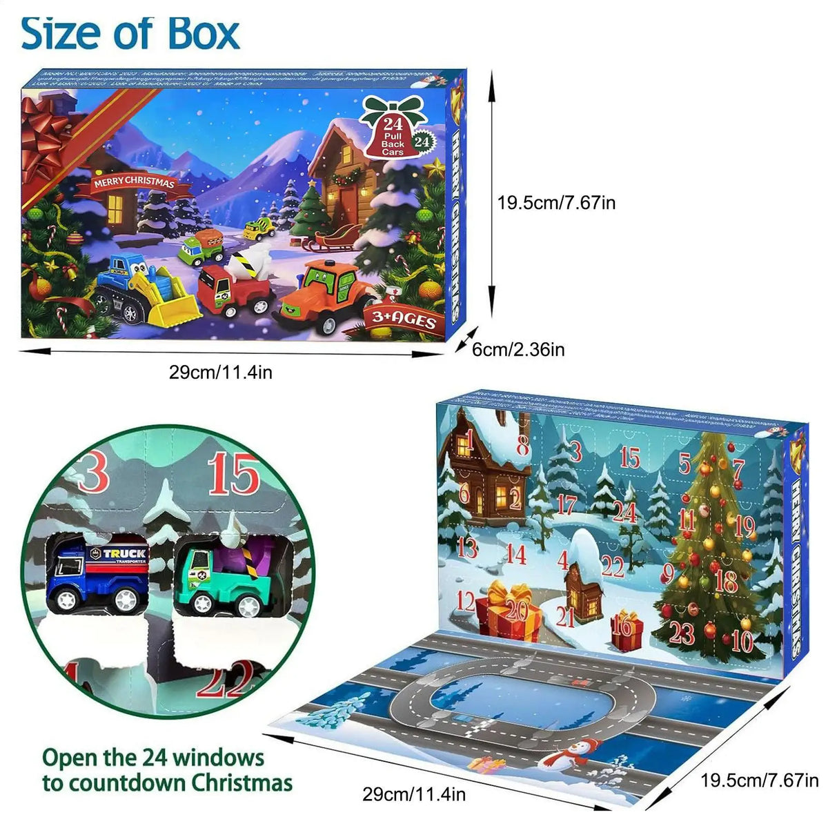 Christmas Car Advent Toy 24pcs Pull-back Car Ornament Pull-Back Vehicle Model Christmas Countdown Calendar for Kids Xmas Gifts