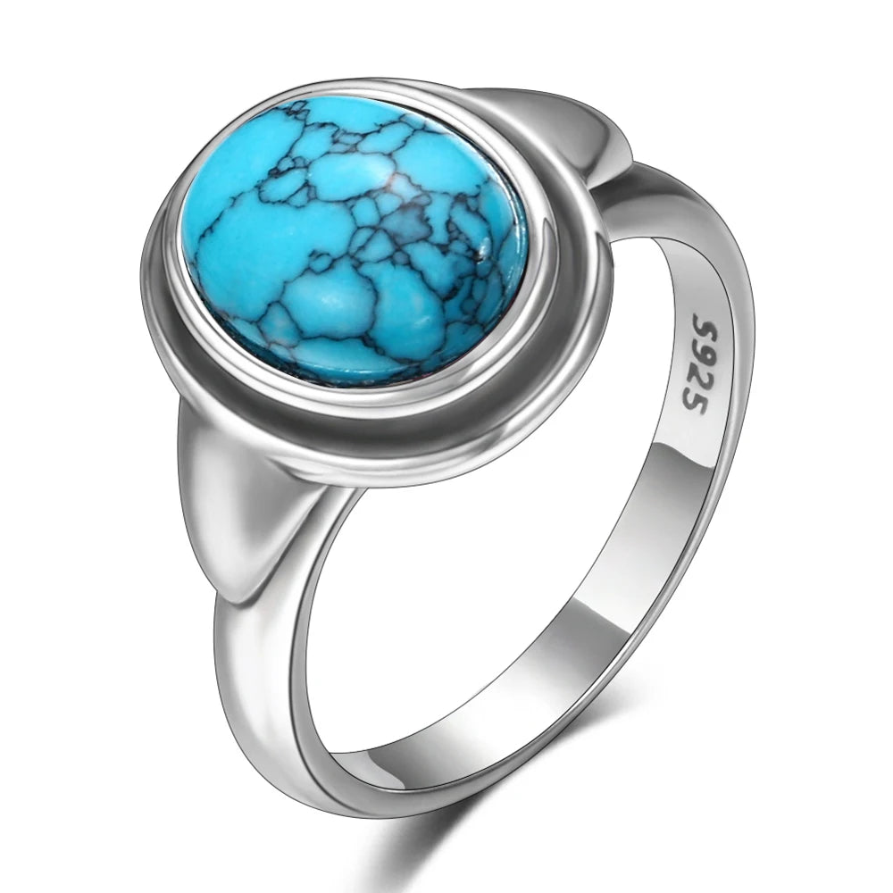 S925 Silver Oval Natural Turquoise Rings for Men Women Silver Fine Jewelry