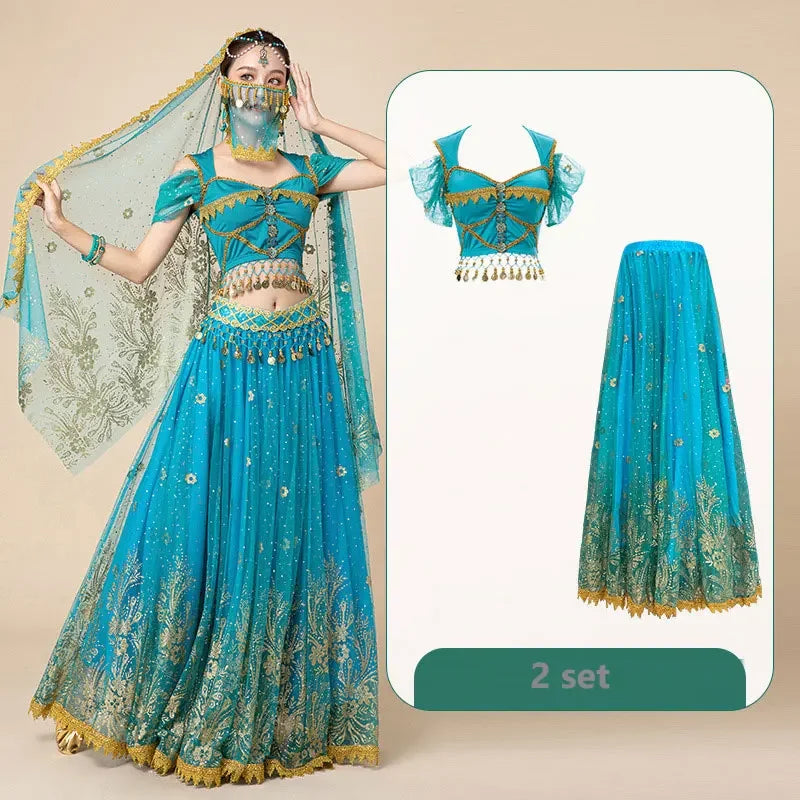 Women Festival Halloween Cosplay Belly Dance Top Dress Adult Indian Arab Jasmine Sari Fantasy Rave Bollywood Outfit Costume Suit