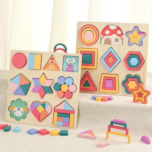 Montessori Children Wooden Rainbow DIY Shape Jigsaw Blocks Puzzle Board Educational Matching Activity Learning Toys for Kids