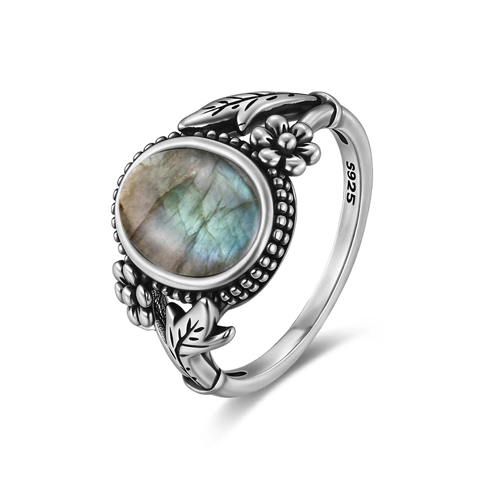 Vintage S925 Sterling Silver Natural 8*10mm Larimar Stone Ring Gift Flower leaf Shaped Moonstone Ring Fine Jewelry For Women