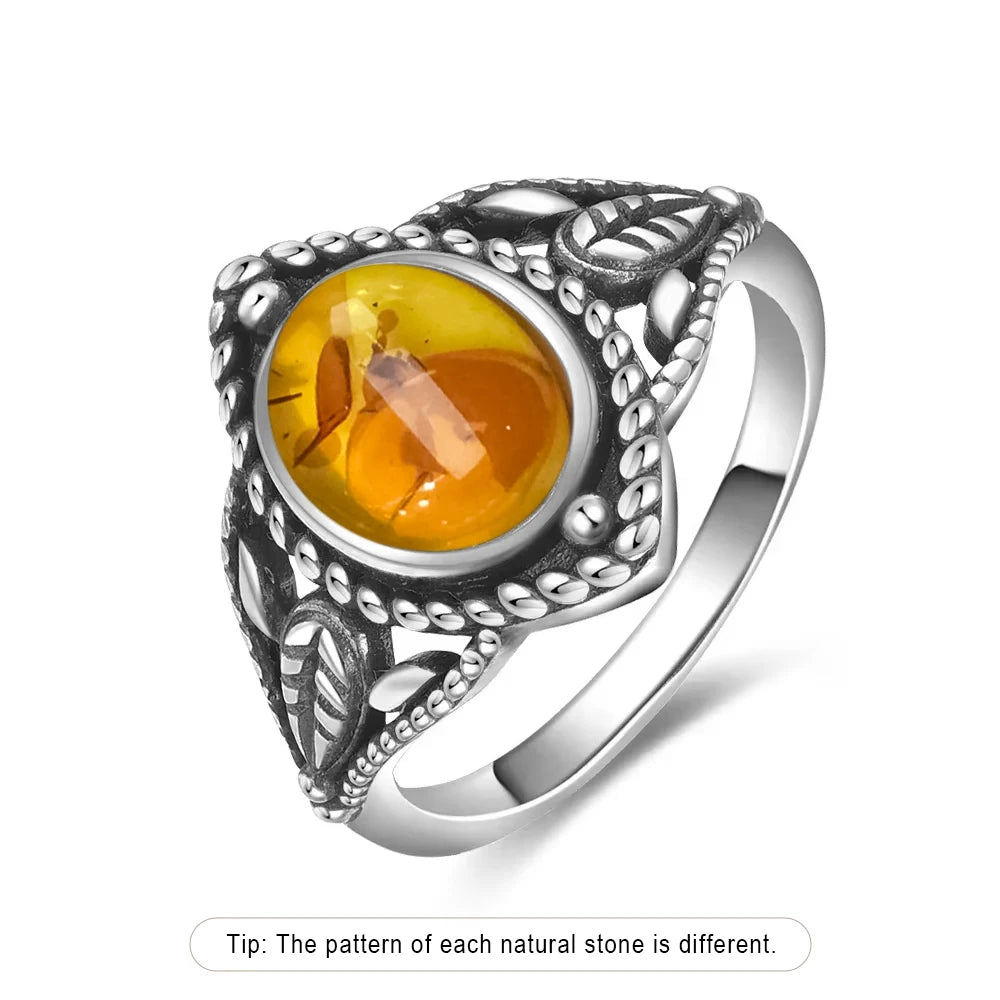 Certified Sterling Silver 925 Petal Amber Ring with Yellow Oval Natural Stone Ring Flower Jewelry Vintage Rings for Women Men