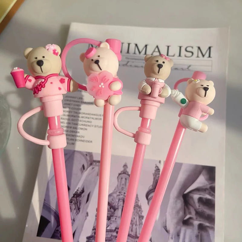 Cute Bear Straw Cover Dust Cap Silicone Kawaii Cherry Straw Toppers For Tumbler Pink Drinking Charm Decor Cover For 7-8mm Straws