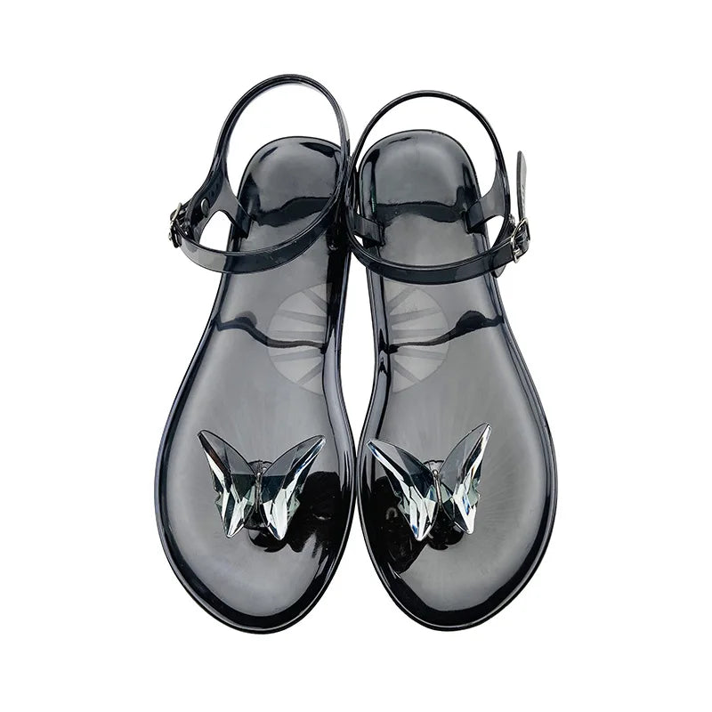 Summer Lady PVC Flat Crystal Shoes Women Vacation Beach Sandals Butterfly Rhinestone Transparent Jelly Sandals Outdoor Slipper