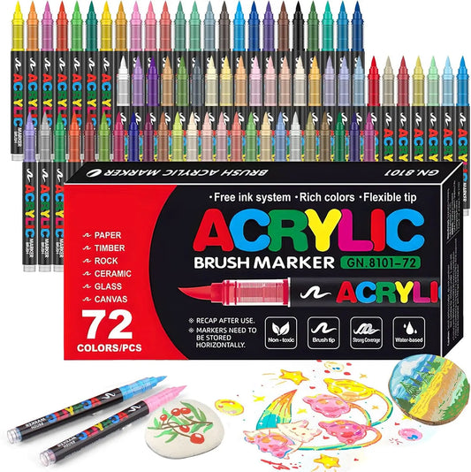 12-72 Colors Acrylic Paint Pens Markers Brush Tip Paint Markers for Rock Painting Wood Canvas Stone Christmas Gift DIY Crafts