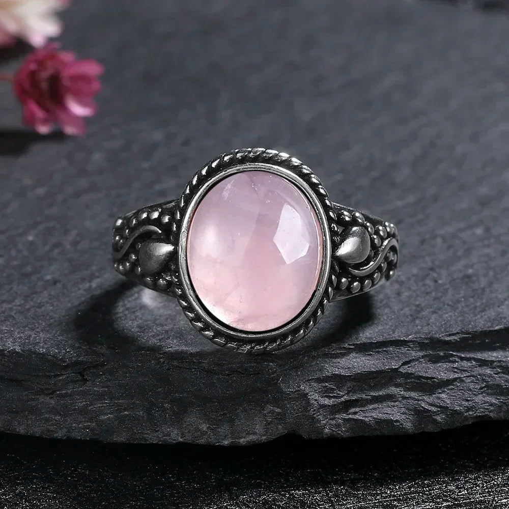 S925 Sterling SilverRing for Women Oval Round Natural Rose Quartz Ring Gift Sun Shaped Retro Luxury Fashion Fine Jewelry