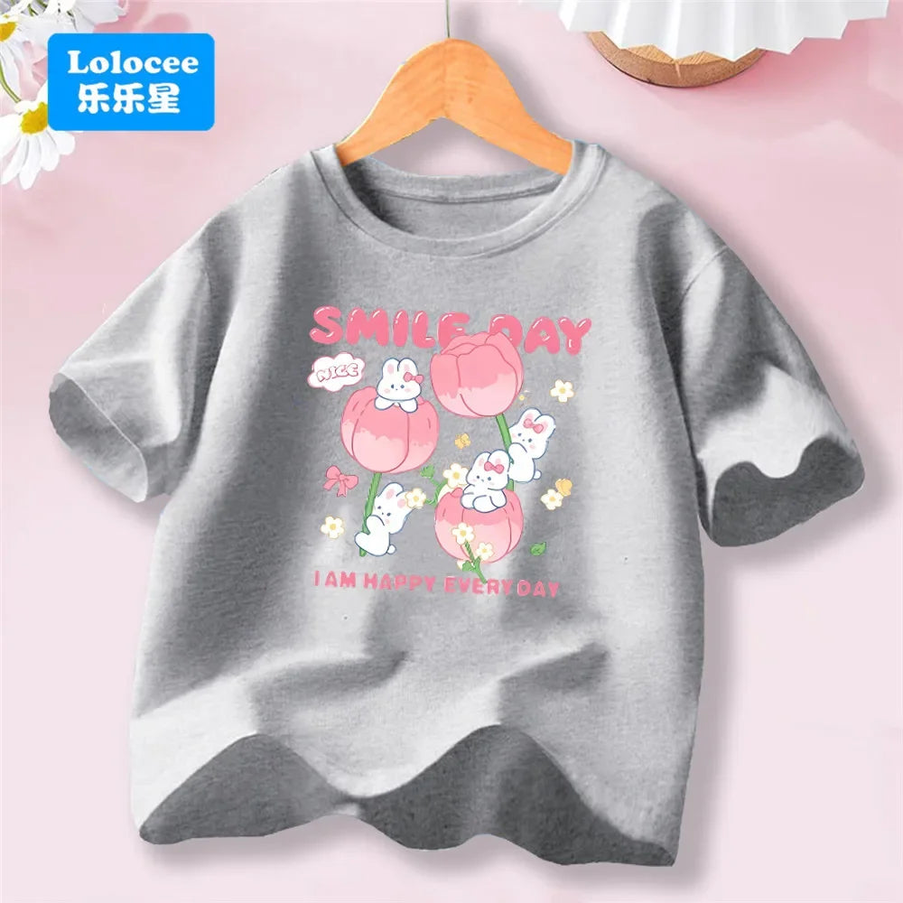 3-14T Kid Clothes Summer Cotton T Shirt Short Sleeve Top Beauty Tulip Flower and Rabbit Print Tee Childrens Candy Color Tshirt