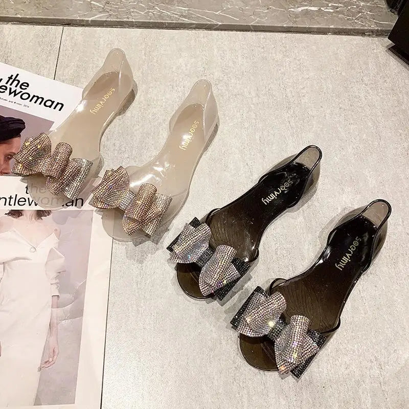 Comemore Jelly Shoes 2025 Women's Flat Fish Mouth Rhinestone Bow Beach Shoes Seaside Leisure Fashion Transparent Plastic Sandals