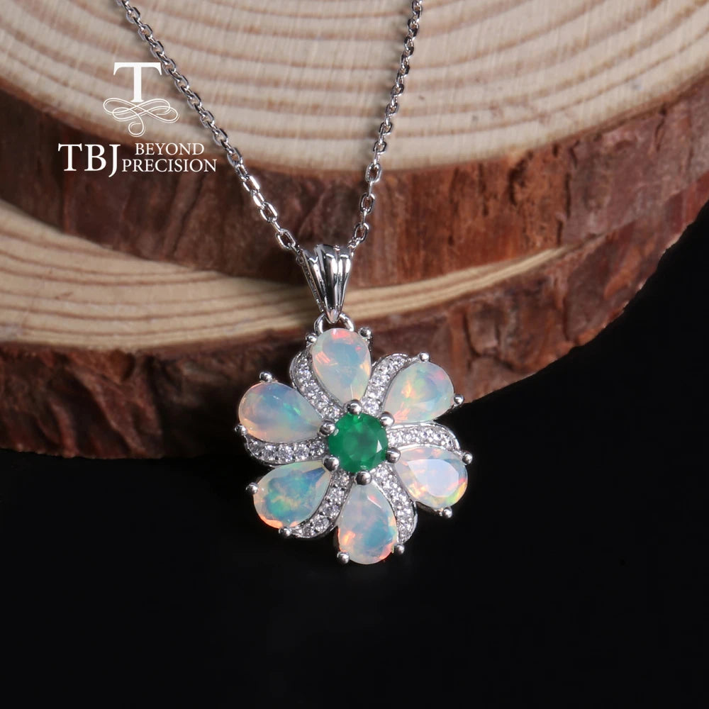 S925 silver flower shape original design with natural ethiopia opal green agate gemstones fine jewelry for women elegant jewelry