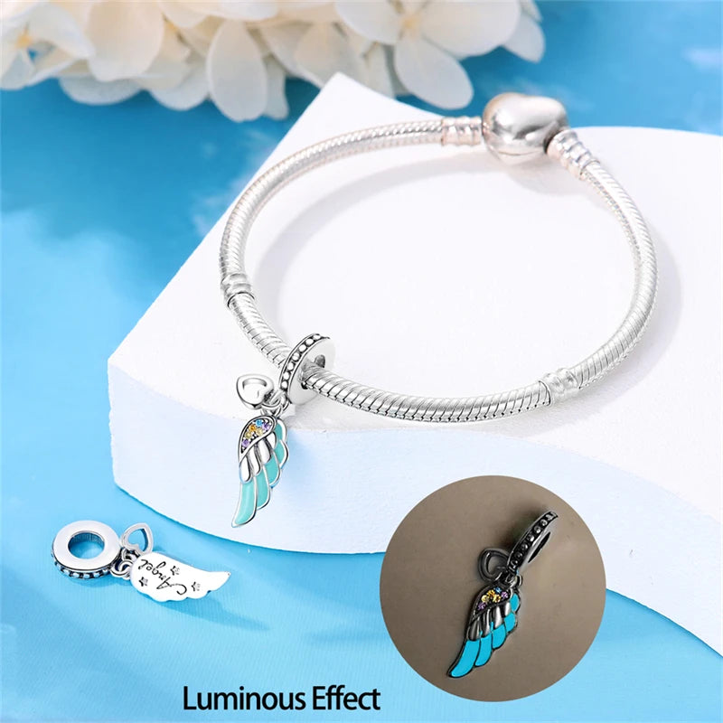 S925 Silver Plated Color Luminous Feather With Zircon Pendants Charms Fit Original Bracelets Fine DIY Birthday Jewelry Gifts