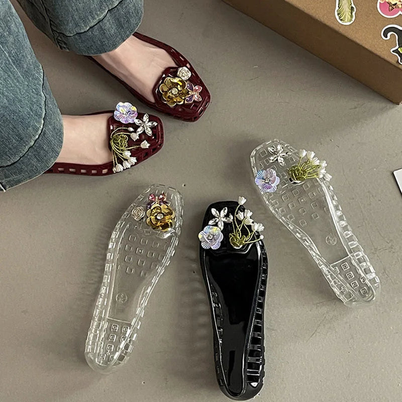 Korean Style High Grade Crystal Jelly Shoes Square Toe Hollow Out Flat Pearl Flower Decoration Summer Casual Shoes For Women