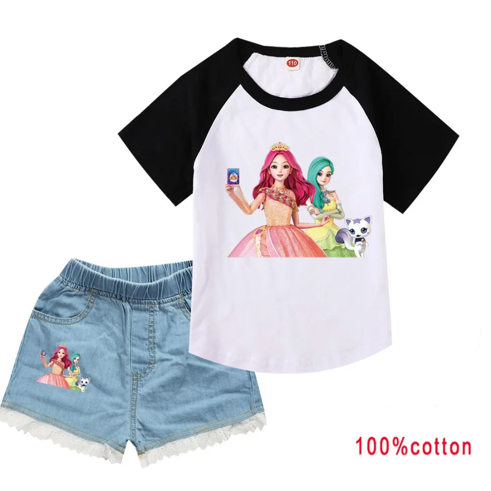 Anime Secret J-Jouju Clothes Kids Cartoon S-Secret Jouju T-shirt Denim Jeans 2pcs Sets Toddler Girls Outfits Children Tracksuits